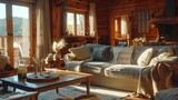 Warm, cozy living room in a log cabin with sunlight streaming through windows, soft couches, and rustic decor.