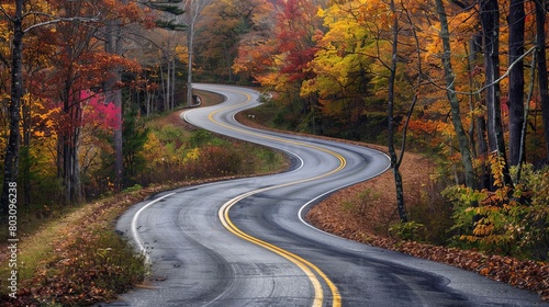 Bends and turns: A rural road winding through colorful autumn foliage, inviting travelers to embrace the unexpected delights of the journey.