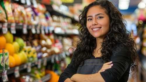 Portrait of latin smiling adult woman working as cashier at supermarket checkout and looking at camera.