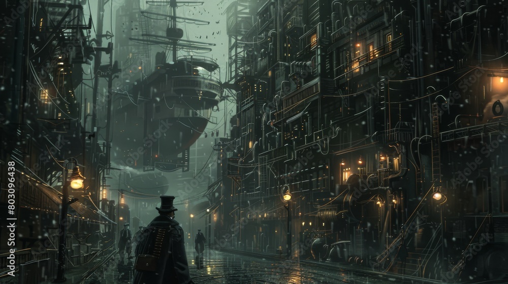 Futuristic steampunk cityscape with airships floating amongst towering skyscrapers