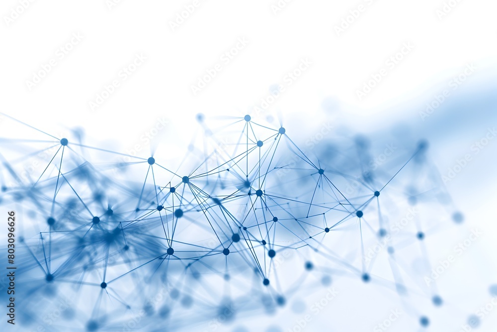 Abstract blue connection dots and lines on a white background, depicting a technological network concept in the style of a vector illustration with a polygonal mesh line for a digital banner design or