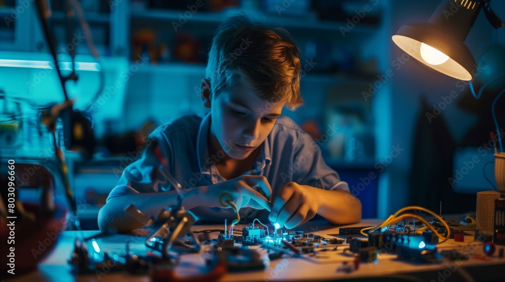 A young boy concentrates on assembling an electronic circuit in a dimly lit workshop.