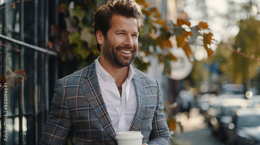A stylish male office worker in a business suit walks down the street with a cup of coffee. A stylish male office worker in a business suit walks down the street with a cup of coffee.