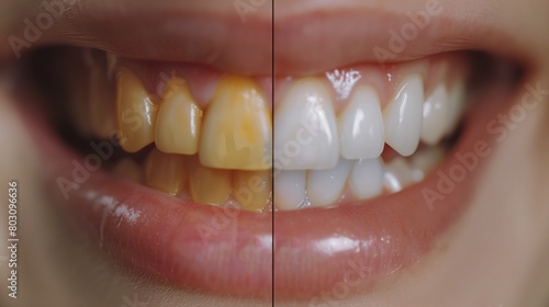 Close-up image showing a comparison between stained yellow teeth and bright white teeth.
