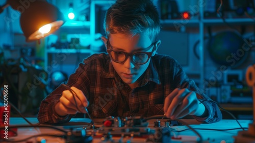 A young boy in glasses engrossed in assembling electronic circuits in a vividly lit workshop. photo