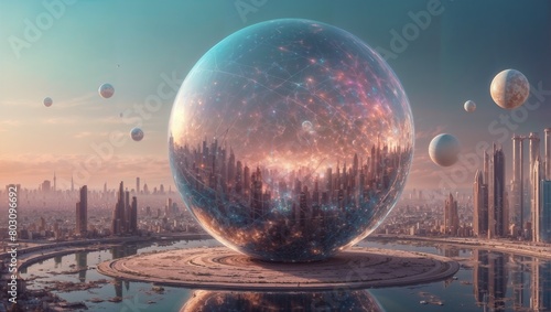 In the dreamy hues of a pastel-toned urban geometry photograph, an esoteric phantasmal artificial planet floats in the void
