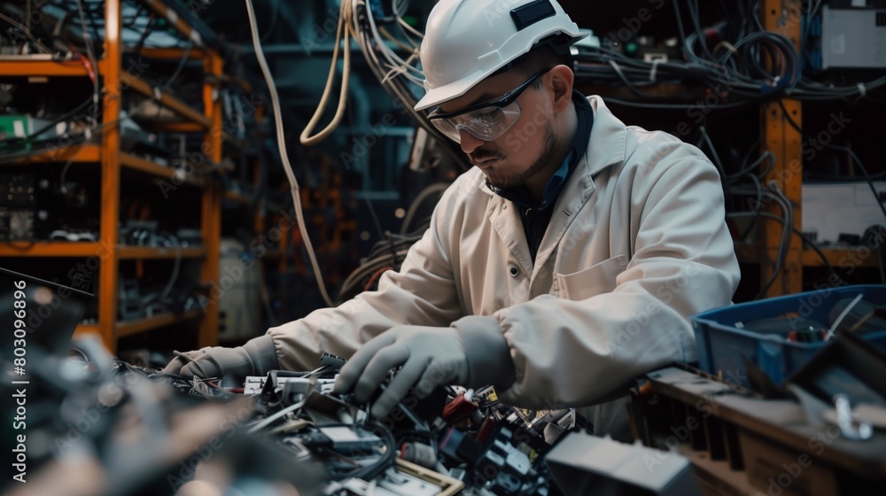 Male technician in a hard hat and safety goggles working intently on electronic components in a cluttered workshop. Male technician in a hard hat and safety goggles working intently on electronic components in a cluttered workshop.