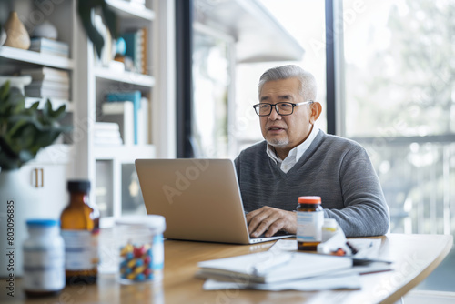 Focused elderly man researching on laptop. Highlights online learning, healthcare information, and active aging. Applicable to e-learning, health, and senior tech. photo