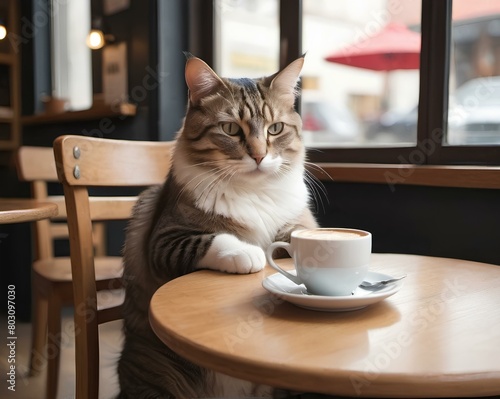 cat with cup of coffee, cat in café, cat and coffee, cat sipping coffee in a café, cat with coffee, cat on the table