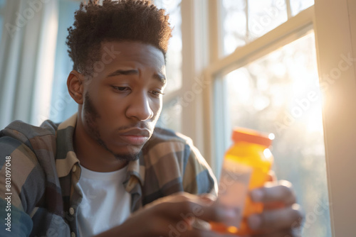 Concerned young man examining a medicine bottle. Reflects healthcare, personal well-being, and medical information. Useful for health and wellness articles. photo