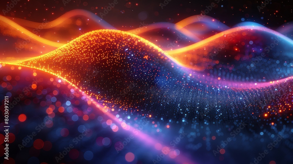 Fire and Ice Digital Wave. Radiant waves of orange and blue with a sparkling particle effect. Ideal for concepts related to technology, data flow, and network connectivity. Fire and Ice Digital Wave. Radiant waves of orange and blue with a sparkling particle effect. Ideal for concepts related to technology, data flow, and network connectivity.
