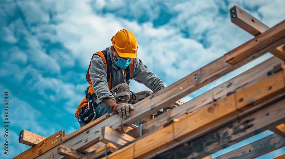 Construction worker in safety gear building a wooden frame structure against a cloudy sky. Construction worker in safety gear building a wooden frame structure against a cloudy sky.