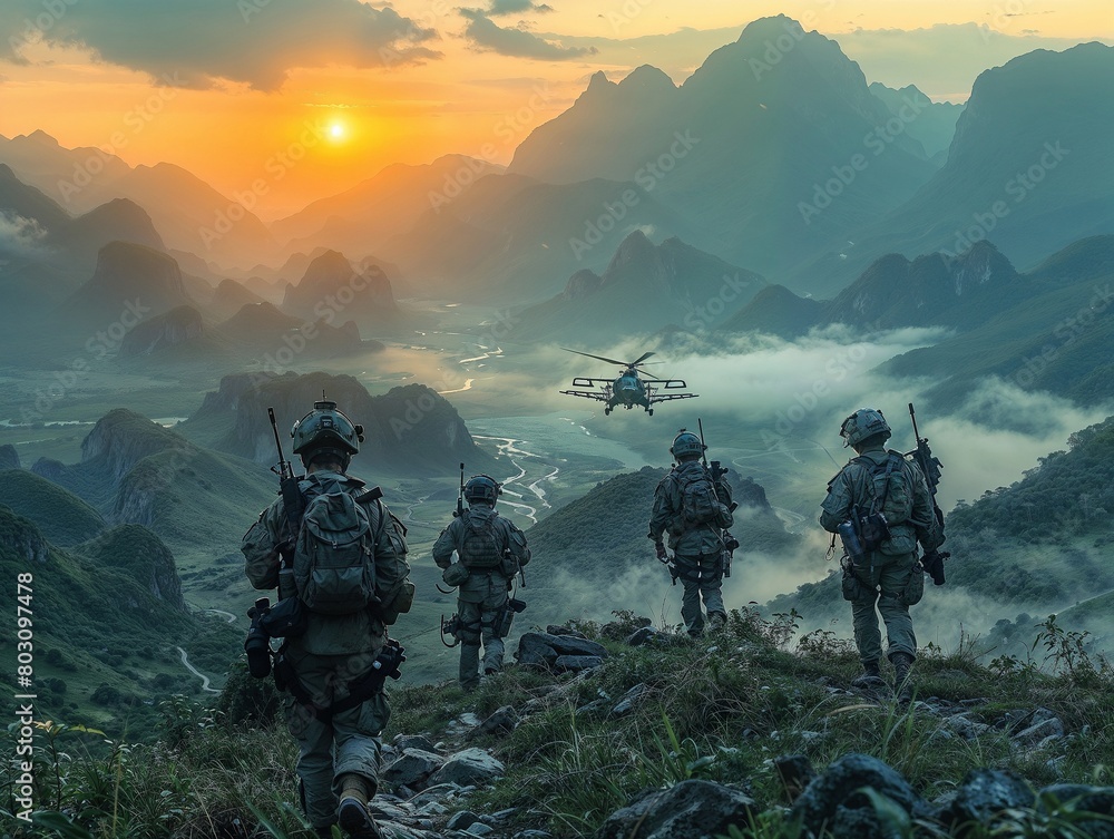 Military team on mountain trek at sunrise, overseeing valley with helicopters in support, highlighting strategic reconnaissance and mobility in majestic landscapes Military team on mountain trek at sunrise, overseeing valley with helicopters in support, highlighting strategic reconnaissance and mobility in majestic landscapes