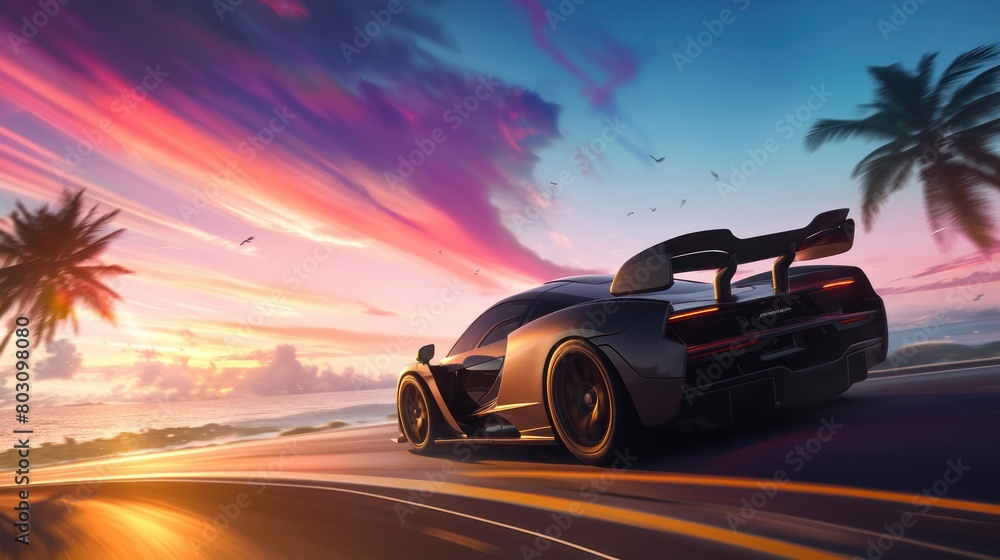  sleek, modern sports car speeding down a coastal highway, the sun setting in the distance, first person view, see the whole picture, 