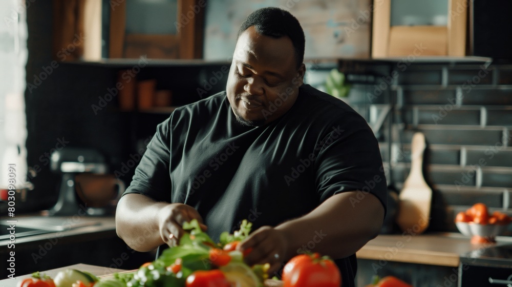 A cheerful, fat man preparing a healthy vegetable salad in a modern kitchen.