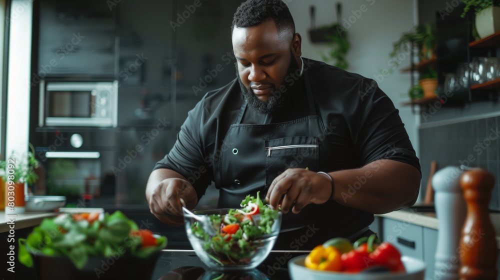 Fototapeta premium Focused African American male chef preparing a healthy salad in a modern kitchen setting.