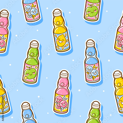Seamless pattern with ramune japanese lemonades stickers with different flavors in glass bottle on blue background