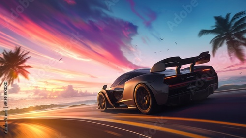  sleek, modern sports car speeding down a coastal highway, the sun setting in the distance, first person view, see the whole picture, 