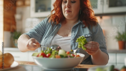 A redheaded  plus-sized woman preparing a fresh vegetable salad in a sunny kitchen.