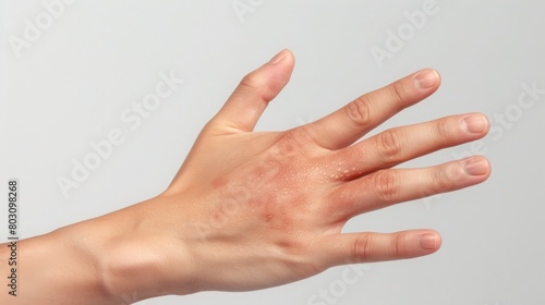 skin health problem. dry skin disease. allergic reaction. redness and spots on hand skin. allergy. dermatitis. cosmetic problem of rash on skin with itching, cracking and peeling. close up. caucasian