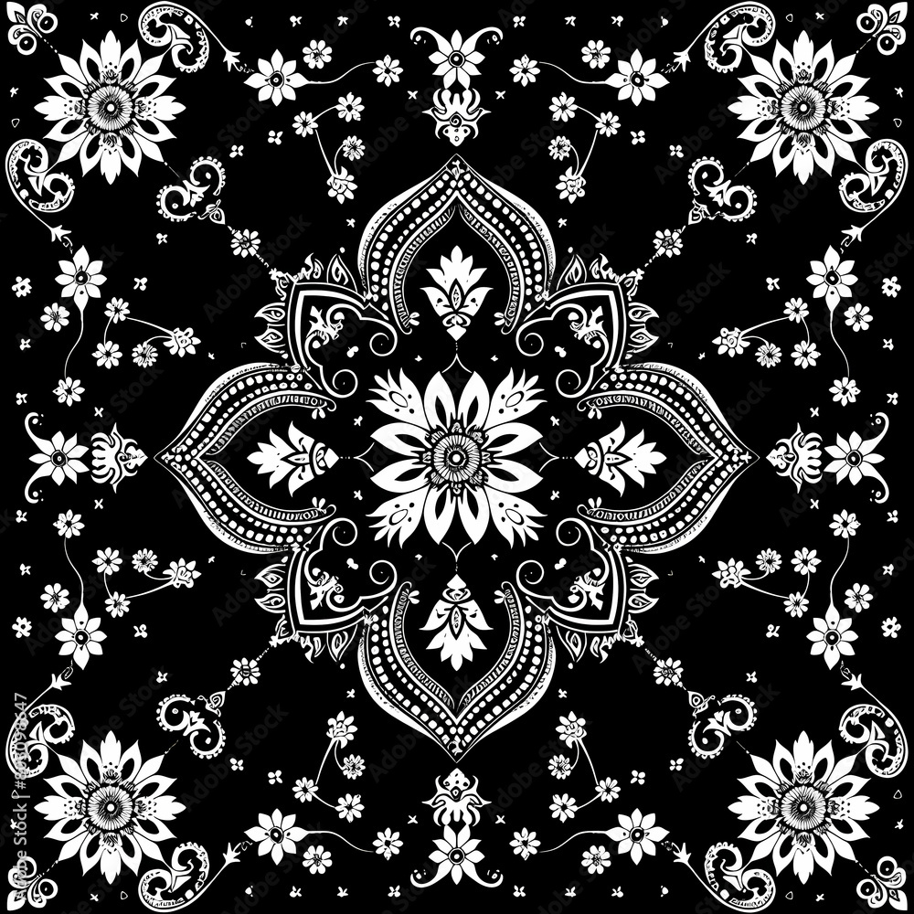 Seamless black bandana patterns vector image, Repeating black and white flower design