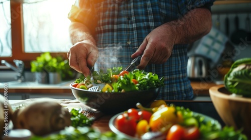 Close-up image of a man's hands tossing a fresh vegetable salad in a bowl in a sunny kitchen. photo