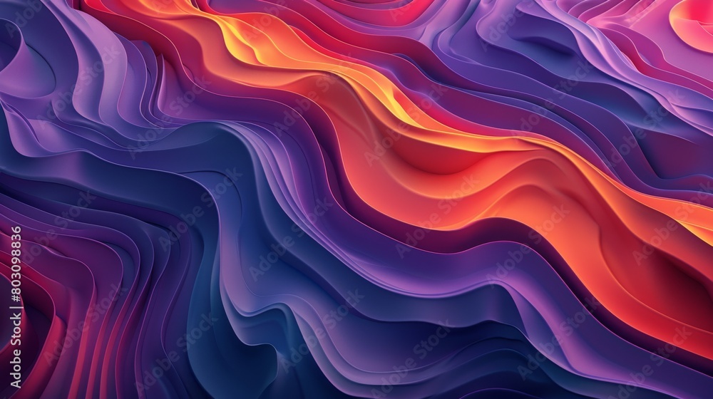 Abstract background with colorful waves and lines on a blue background, Abstract curved shapes and forms in different shades of purple, orange, pink, red and dark colors