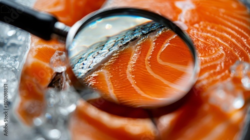 Magnifying lens with simulated germs, viruses, bacteria, food allergy concept. Salmon piece, fillet, steak. Fresh raw trout fish. Red meat seafood. photo