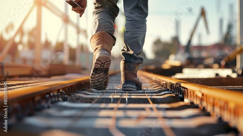 Closeup of the feet and shoes on a steel grating floor, with a construction site in the background. A front view of a worker walking in safety boots at a work location with equipment. photo