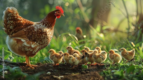 Hen Teaching Chicks: Delightful scene of a hen teaching her curious chicks about the world around them, fostering learning and exploration. photo