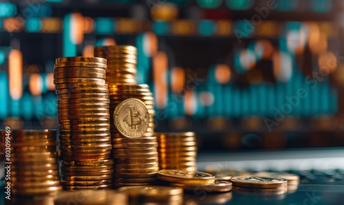 in the foreground, there is an icon of gold coins with a symbol of VI% on it and stacks behind it in different sizes. In front of them stands a blurred background of stock market charts. 