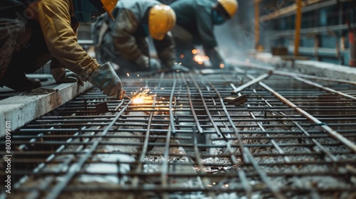 Construction workers engaged in welding steel reinforcement bars at a construction site.