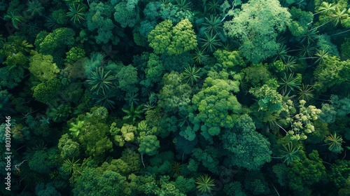 Aerial view of a lush green forest canopy, revealing the dense, vibrant foliage