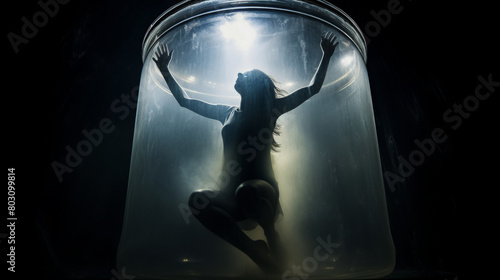 A woman trapped inside a giant glass jar, reaching towards the outside