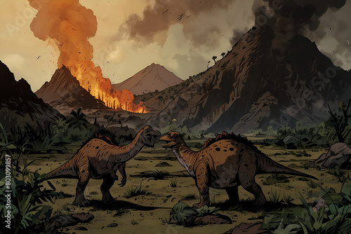 a dinosaur with a red mouth is in front of a mountain Journey Through the Jurassic Witnessing Natur