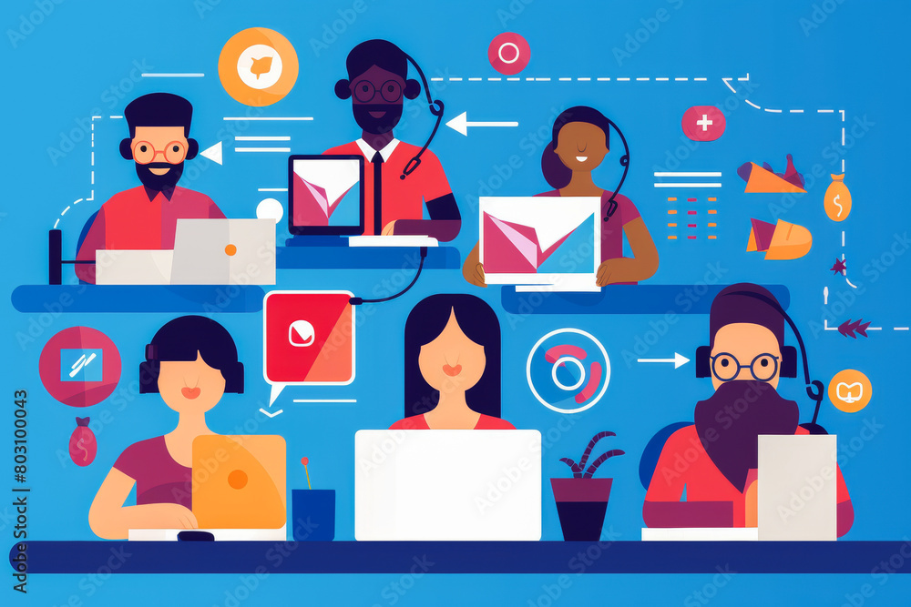 Call center operators taking customer queries with FAQ icons floating. Call center operators taking customer queries with FAQ icons floating.