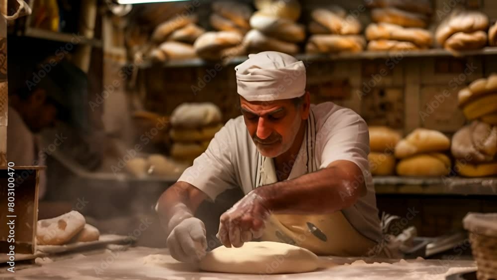 A baker making pastry from dough in a bakery A baker making pastry from dough in a bakery