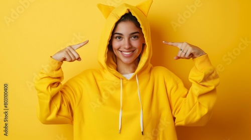 Cheerful young woman in a yellow hoodie with cute animal ears pointing at herself against a yellow background. photo