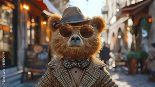 Dapper bear struts through urban jungle, exuding street style in a tailored ensemble. Realistic cityscape forms the backdrop, capturing the essence of sophisticated, furry fashion
