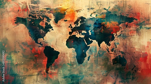 Vibrant artistic world map with abstract paint splashes and geographical coordinates