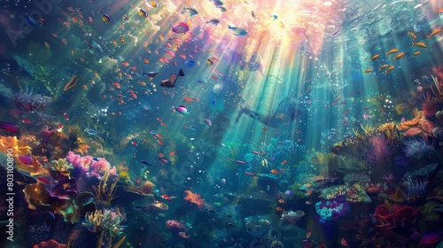 Stunning underwater seascape with colorful coral  diverse fish  and rays of sunlight
