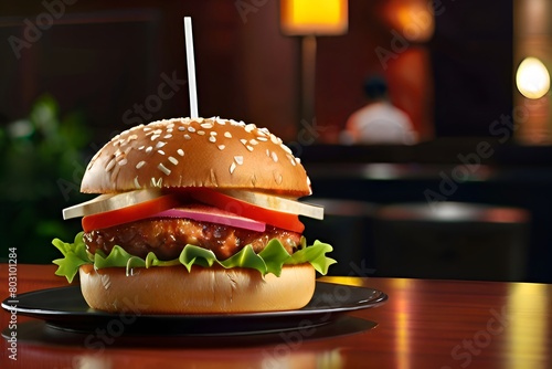 hamburger on a table, zingerburger for eati, starving eating food  photo