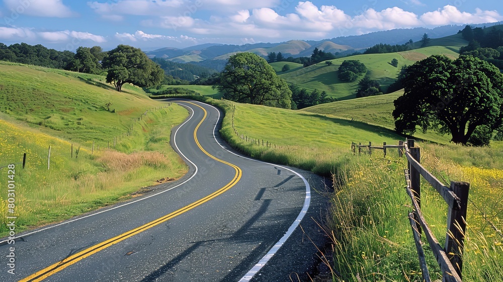 S-curve road: A scenic route traversing rolling hills, creating graceful arcs as it navigates the natural contours of the land.