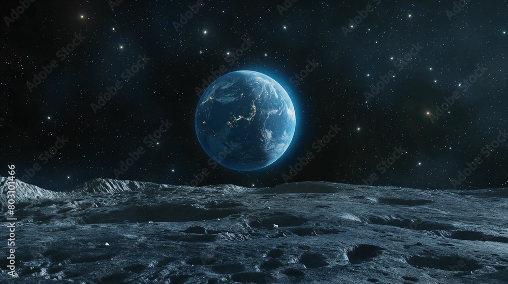 Obraz premium View of Earth from the lunar surface with a starry sky, conceptual space illustration.
