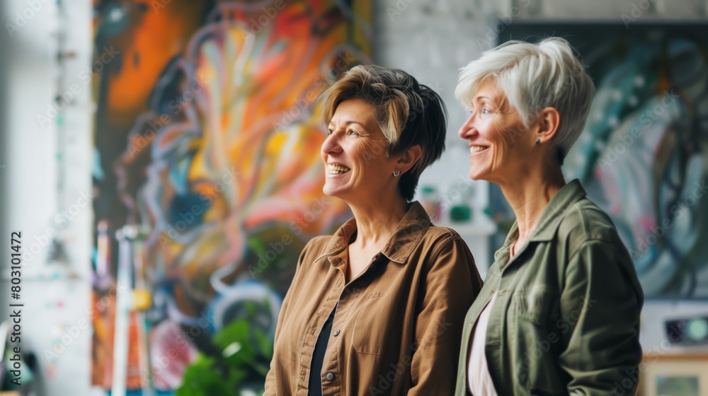 Obraz premium Two elderly women smiling and enjoying time together in a vibrant art studio.