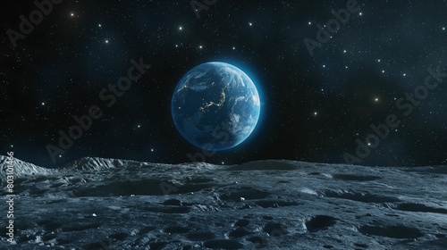 View of Earth from the lunar surface with a starry sky  conceptual space illustration.