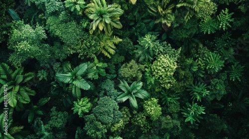 A dense jungle canopy seen from a bird's eye view. Copy Space.