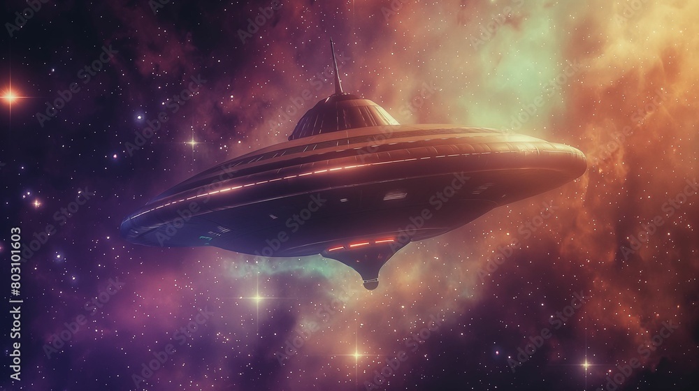 Obraz premium Futuristic spaceship traveling through a star-filled galaxy. Space exploration and science fiction concept.