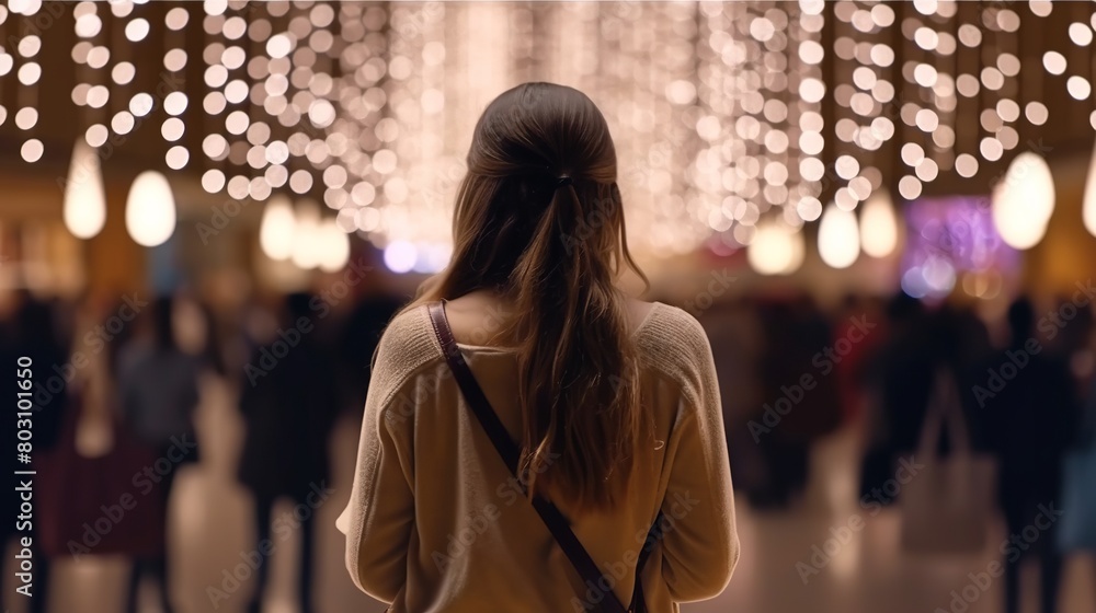 Fototapeta premium Back view of a young woman walking in the shopping mall at night