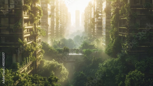 Futuristic green architecture with lush vegetation in a bioengineered urban forest